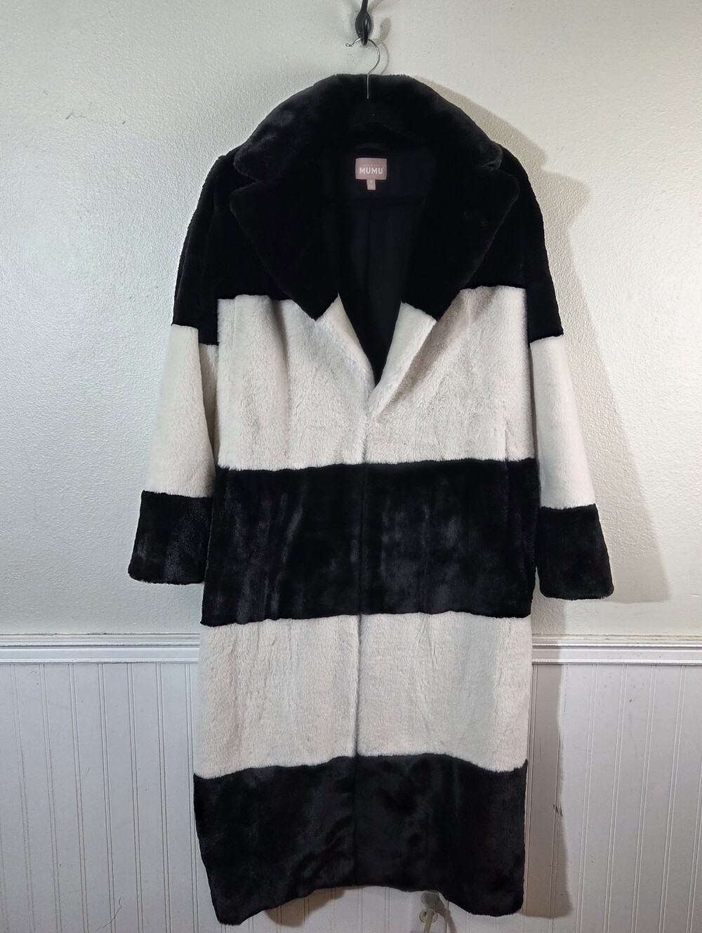 Show Me Your Mumu Faux Fur Coat Womens S Black White Colorblock Cruella Chic